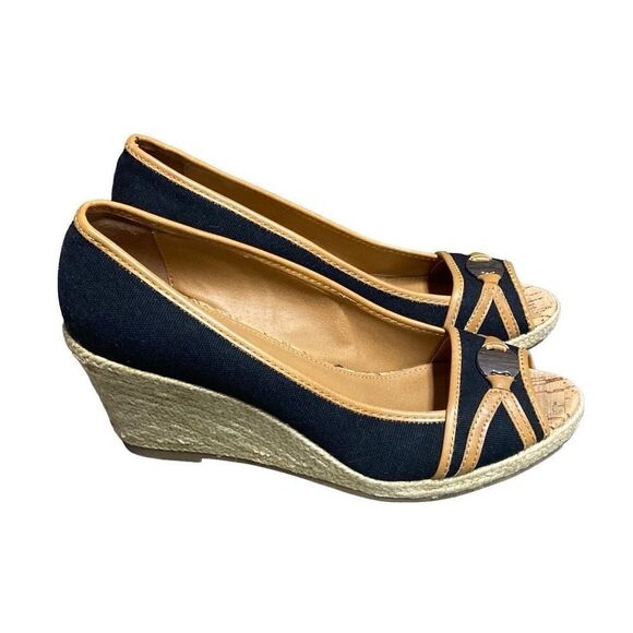 Sahara Ellison Black & Tan Espadrille Open Toe Wedge Size 9 - Picture 1 of 11